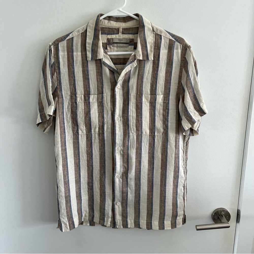 Mango Vertical Stripe Short Sleeve Button-Down in Cream, Brown & Blue